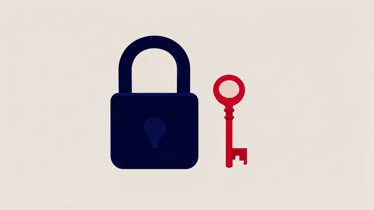AI-generated illustration: a closed navy padlock beside an upright crimson key