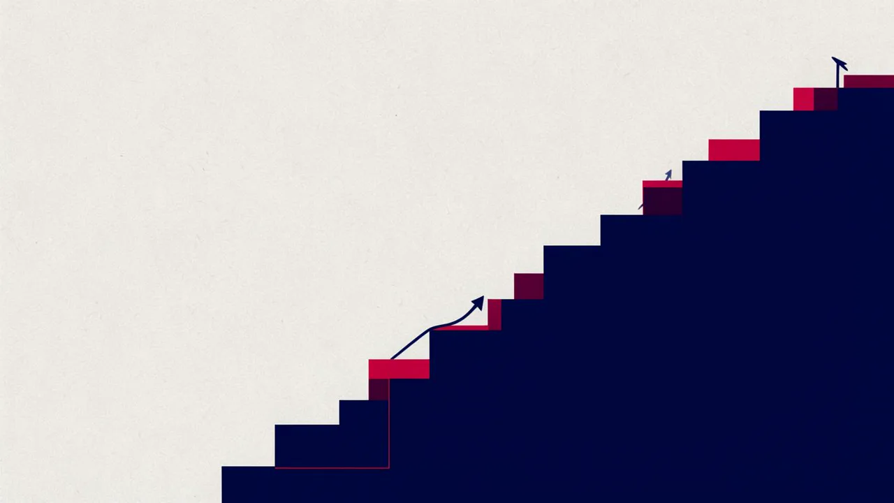 AI-generated illustration: a navy staircase rising to the right, its steps edged in crimson, a small arrow climbing it