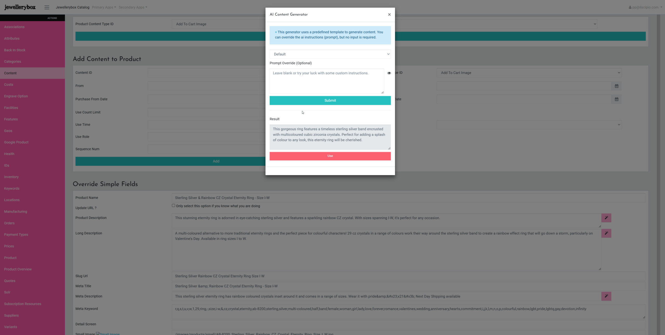OpenAI used by our client Jewellerybox a screenshot of a client installation showcasing the openAI integration with customer service content